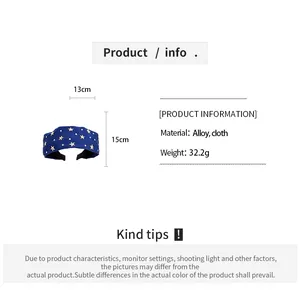 Product info chart for blue fabric headband with gold star patterns and dimensions.