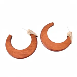 Vintage Geometric C-Shaped Wooden Stud Earrings For Women French Style Gold Plated Alloy Wood Splicing Jewelry With Silver Post