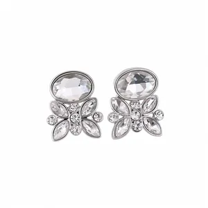 Luxury Alloy Rhinestone Flower Jewelry Set For Women Oval Pendant Necklace With Silver Earring Post Stud Earrings Silver Color Fashion Accessories