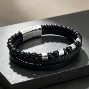Vintage Herren-Lederarmband geflochten mit schwarzen Achatperlen und Magnetverschluss