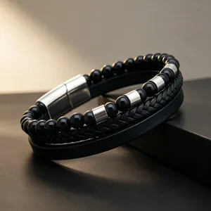 Retro Doppellagiges Lederarmband mit schwarzen Onyxperlen und Magnetverschluss