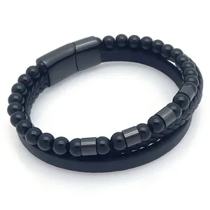 Mehrlagiges schwarzes Lederarmband für Herren mit Achatperlen und Magnetverschluss
