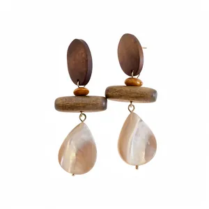New Chinese Retro Ethnic Wood Shell Water Drop Earrings Fashion Geometric Inlaid Studs With Silver Earring Post For Women