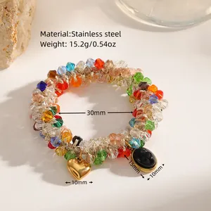 Detail of colorful beaded stainless steel hair tie bracelet with dimension markings