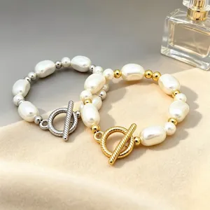 Elegantes Titanstahl Herz Künstliche Barock Muschel Perle Armband Für Damen Luxus OT Knebelverschluss Handkette Schmuck
