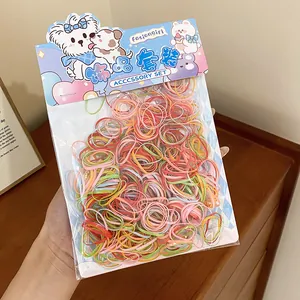 Large pack of colorful elastic hair bands for girls in cute cartoon style packaging