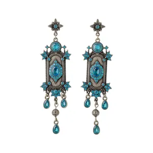 Vintage Paleis Stijl Strass Waterdruppel Hanger Oorknopjes Luxe Barok Blauwe Strass Legering Goud Hanger Oorbellen Voor Vrouwen Sieraden