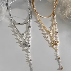 Women Fashion Copper Y-Shaped Layered Necklace With Star Heart Pendant Artificial Pearl Zirconia Inlaid Clavicle Chain Ins Jewelry