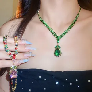 Luxe vintage zirkonia halsketting en armband set met groene kristallen druppel hanger