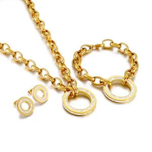 Fashion Stainless Steel Chunky Chain Jewelry Set For Women Geometric Rhinestone Circle Pendant Necklace Bracelet Earrings Set