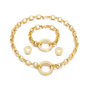 Luxurious gold stainless steel thick chain jewelry set with rhinestone circle pendants