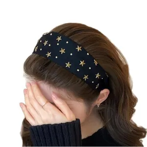 Stijlvolle zwarte brede haarband met gouden sterren voor dagelijks gebruik bij dames