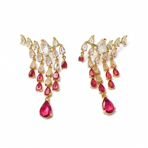 Elegant gold-plated tassel earrings featuring pink and clear waterdrop-shaped zircon stones