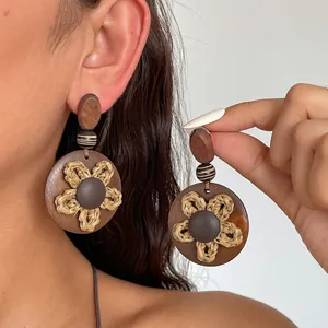 Vintage Harz Geflochtene Blume Ohrhänger Für Damen Bohemian Ethnisch Silber Stift Braun Holz Textur Geometrischer Ohrschmuck