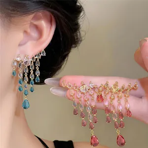 Luxury Copper Zirconia Water Drop Tassel Dangle Earrings With Silver Post Fashion Jewelry Gift For Women Dainty Earrings