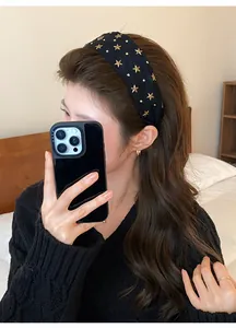 Brede marineblauwe haarband in Koreaanse stijl met gouden sterren en metalen studs