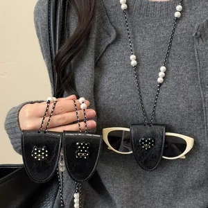Collier à Pince Magnétique pour Lunettes en Cuir à Pois Style Coréen pour Femme Pendentif Cœur Chat Ours Perle Artificielle Chaîne de Pull Bijoux de Niche