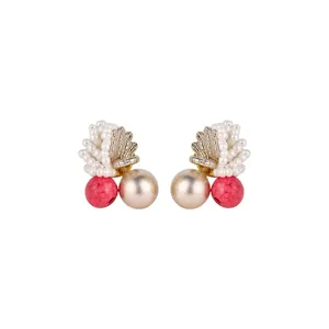 Handmade Beaded Round Artificial Pearl Stud Earrings For Women Elegant Steel Post Rhinestone Fashion Jewelry Earrings