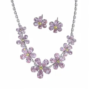 Sweet Zirconia Flower Jewelry Set For Women Elegant Copper Necklace Stud Earrings Set Luxury Floral Party Wedding Accessories