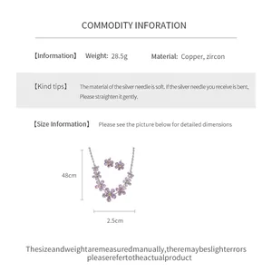 Detailed size and material info for pink zircon flower necklace and earring jewelry set