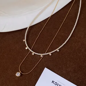 Set di Collane in Perle Artificiali Tonde Zirconia Placcate Oro 18K Elegante Collana a Doppio Strato Gioielli Donna