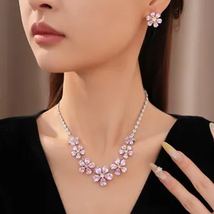 Exquisite pink zircon flower necklace and earring jewelry set elegant style on model