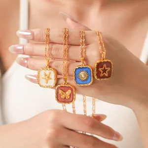 Vintage Stainless Steel Square Medallion Pendant Necklace For Women Gold Plated Enamel Starfish Butterfly Star Sun Embossed Retro Jewelry Accessory