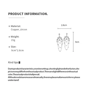 Detailed specifications showing 9cm length and copper zircon material of these earrings