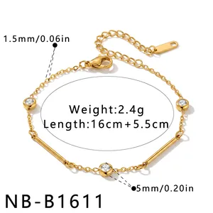 Detailoverzicht van afmetingen voor gouden roestvrijstalen armband met zirkoon