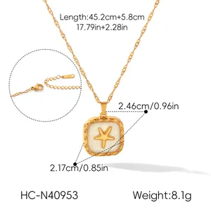 Detail of vintage stainless steel square pendant necklace featuring embossed gold starfish