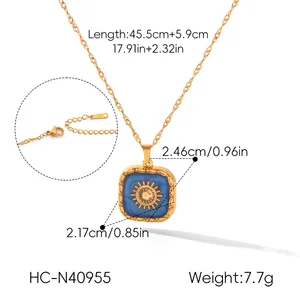 Detailed dimensions of a vintage stainless steel square pendant necklace with sun relief.