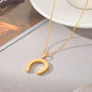 Close-up view of a vintage-style gold stainless steel horseshoe pendant on a fine chain