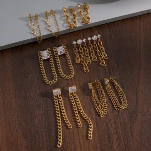 Boucles d'Oreilles Clous à Glands en Acier Inoxydable de Luxe Avec Strass Pour Femmes Boucles d'Oreilles à Chaîne Longue Géométrique Or Bijoux