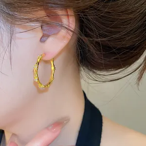 Close-up detail of golden bamboo-style hoop earring with sparkling zircon stone accents.