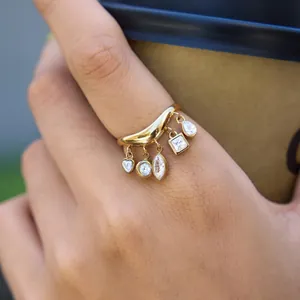 18K Gold Plattiert Edelstahl Welle Offener Ring Für Damen Geometrische Zirkonia Quaste Anhänger Herz Rund Quadrat Tropfen Verstellbarer Ring Schmuck