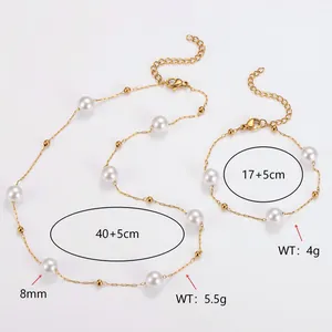 Detail des Perlen-Halsketten- und Armband-Sets aus Edelstahl mit Maßen und Gewicht