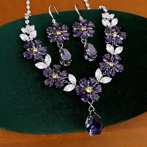 Elegant vintage purple flower zircon necklace and earrings bridal jewelry set for women