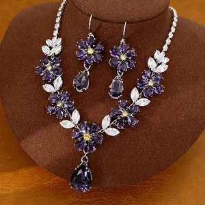 Vintage luxury purple flower and teardrop cubic zirconia necklace and earring jewelry set
