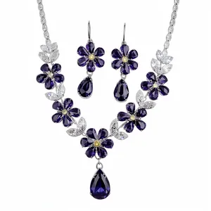 Vintage Kupfer Zirkonia Blume Wassertropfen Schmuckset Mit Silber Ohrringpfosten Luxuriöse Halskette Und Ohrringe Set Für Frauen