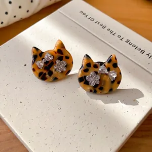 Vintage Leopardenmuster Katzenkopf Ohrstecker Mit Strass Schleife Blume Acetat Harz Ohrring Für Damen Elegante Schmuck