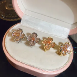 Vintage Zirconia Flower Cluster Clip-on Earrings Copper Gold Silver Plated No Piercing Earrings For Women Luxury Jewelry
