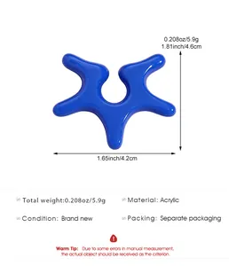 Close-up detail of blue acrylic starfish ear clip with dimensions and weight info