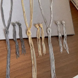 Minimalist knotted chain tassel necklace and earring jewelry set in gold and silver