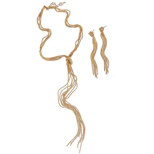 Minimalistische IJzeren Knoop Ketting Kwastje Ketting Oorbellen Set Lange Franjes Sleutelbeenhanger Voor Vrouwen Mode Sieraden Accessoires