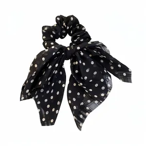 Vintage Hepburn Style Polka Dot Bow Hair Scrunchie Large Fabric Ponytail Hair Tie Fashion Commute Elegant Bowknot Hair Accessories