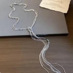 Gedetailleerd overzicht van de zilveren kwastjesketting met knoopontwerp op grijze basis