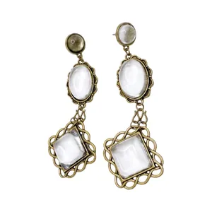 Vintage Elegant Alloy Resin Dangle Earrings Antique Gold Lace Oval Inlaid Transparent Stone For Women Classic Jewelry Accessories