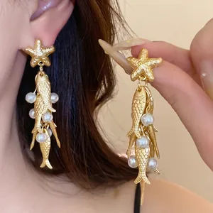 Orecchini Pendenti a Goccia con Nappa Pesce Stella Marina in Lega di Moda Occidentale con Perla Artificiale Colore Oro Perno Argento Gioielli Oceano Donna