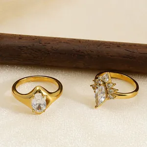 Bague en Acier Inoxydable 316 Plaqué Or 14K avec Strass Marquise pour Femme Élégante Bague Rayonnement Stellaire Bijoux de Mode