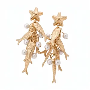Western Fashion Alloy Starfish Fish Tassel Drop Earrings With Artificial Pearl Gold Color Silver Earring Post Elegant Ocean Jewelry Women